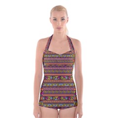 Traditional Africa Border Wallpaper Pattern Colored 2 Boyleg Halter Swimsuit  by EDDArt