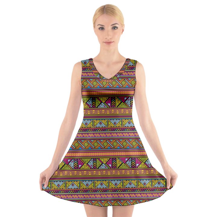 Traditional Africa Border Wallpaper Pattern Colored 2 V-Neck Sleeveless Dress