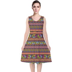 Traditional Africa Border Wallpaper Pattern Colored 2 V-neck Midi Sleeveless Dress  by EDDArt