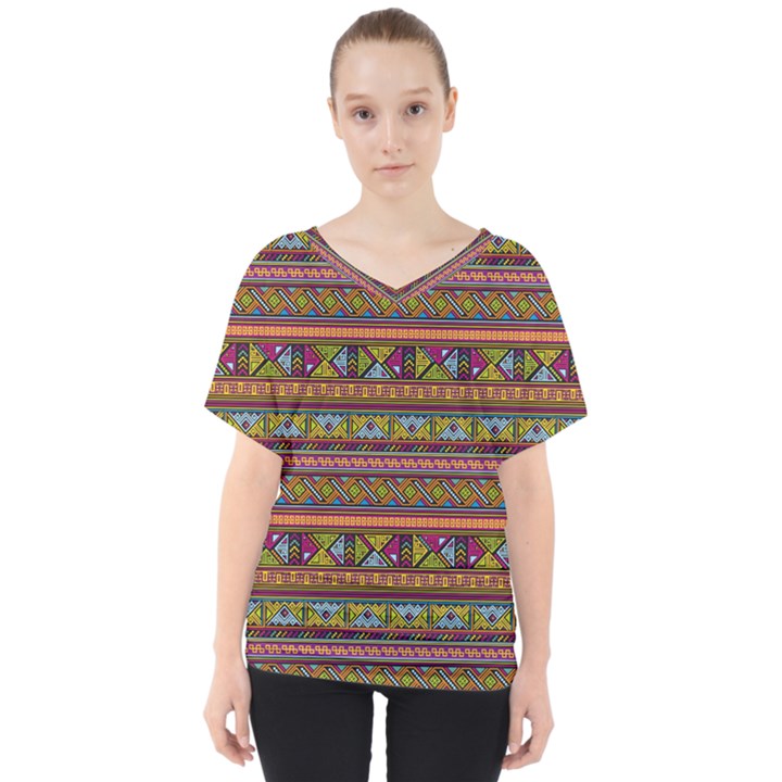 Traditional Africa Border Wallpaper Pattern Colored 2 V-Neck Dolman Drape Top