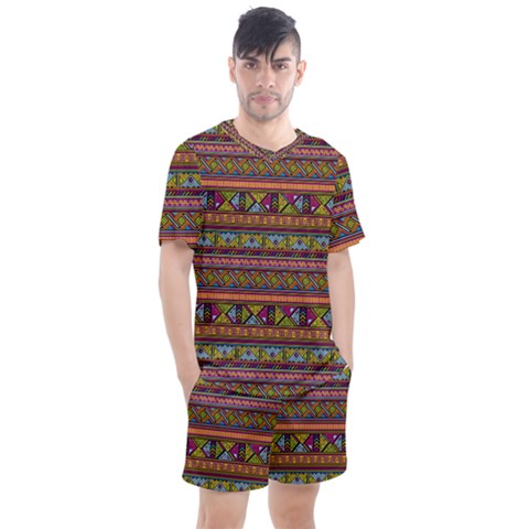 Traditional Africa Border Wallpaper Pattern Colored 2 Men s Mesh Tee And Shorts Set by EDDArt