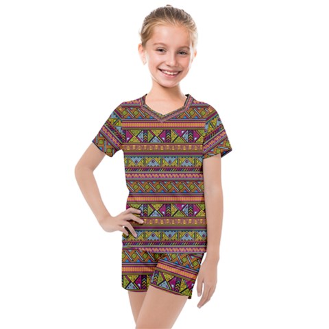 Traditional Africa Border Wallpaper Pattern Colored 2 Kids  Mesh Tee And Shorts Set by EDDArt