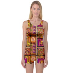 Traditional Africa Border Wallpaper Pattern Colored 3 One Piece Boyleg Swimsuit by EDDArt