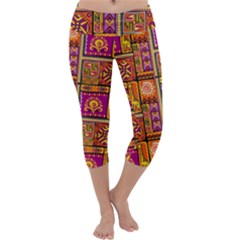 Traditional Africa Border Wallpaper Pattern Colored 3 Capri Yoga Leggings by EDDArt