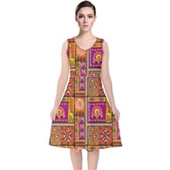 Traditional Africa Border Wallpaper Pattern Colored 3 V-neck Midi Sleeveless Dress  by EDDArt