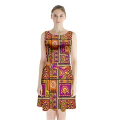 Traditional Africa Border Wallpaper Pattern Colored 3 Sleeveless Waist Tie Chiffon Dress by EDDArt