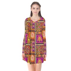 Traditional Africa Border Wallpaper Pattern Colored 3 Long Sleeve V-neck Flare Dress by EDDArt