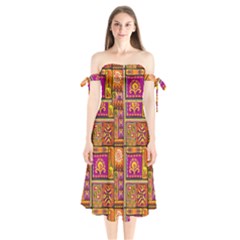 Traditional Africa Border Wallpaper Pattern Colored 3 Shoulder Tie Bardot Midi Dress