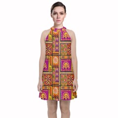 Traditional Africa Border Wallpaper Pattern Colored 3 Velvet Halter Neckline Dress  by EDDArt