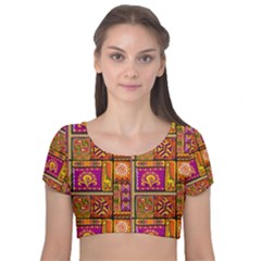 Traditional Africa Border Wallpaper Pattern Colored 3 Velvet Short Sleeve Crop Top  by EDDArt