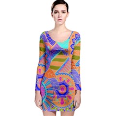 Pop Art Paisley Flowers Ornaments Multicolored 3 Long Sleeve Bodycon Dress by EDDArt