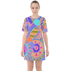 Pop Art Paisley Flowers Ornaments Multicolored 3 Sixties Short Sleeve Mini Dress by EDDArt