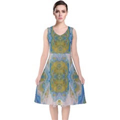 Cosmic Waters Warp V-neck Midi Sleeveless Dress 