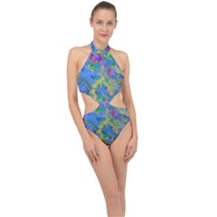 Paint Brushes On A Blue Background                                        Halter Side Cut Swimsuit