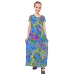 Paint Brushes On A Blue Background                                       Kids  Short Sleeve Maxi Dress