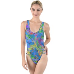 Paint Brushes On A Blue Background                                       High Leg Strappy Swimsuit