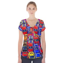 Colorful Toy Racing Cars Short Sleeve Front Detail Top by FunnyCow