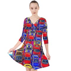 Colorful Toy Racing Cars Quarter Sleeve Front Wrap Dress by FunnyCow