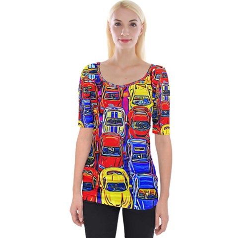 Colorful Toy Racing Cars Wide Neckline Tee by FunnyCow