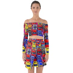 Colorful Toy Racing Cars Off Shoulder Top With Skirt Set by FunnyCow