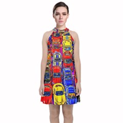 Colorful Toy Racing Cars Velvet Halter Neckline Dress  by FunnyCow