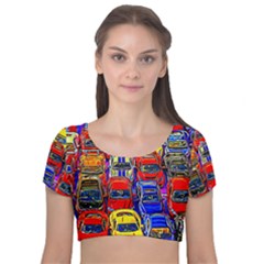 Colorful Toy Racing Cars Velvet Short Sleeve Crop Top 