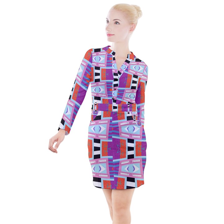 Mirrored distorted shapes                                      Button Long Sleeve Dress