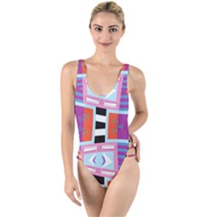 Mirrored Distorted Shapes                                  High Leg Strappy Swimsuit