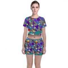 Blue Purple Shapes                                Crop Top And Shorts Co-ord Set