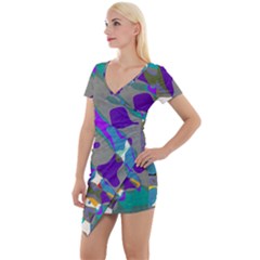 Blue Purple Shapes                                    Short Sleeve Asymmetric Mini Dress