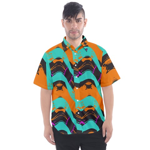 Blue Orange Black Waves                                  Men s Short Sleeve Shirt by LalyLauraFLM