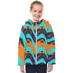 Blue Orange Black Waves                                        Kids  Hooded Puffer Jacket by LalyLauraFLM