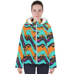 Blue Orange Black Waves                                        Women s Hooded Puffer Jacket by LalyLauraFLM