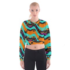 Blue Orange Black Waves                                           Women s Cropped Sweatshirt by LalyLauraFLM