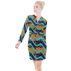 Blue Orange Black Waves                                           Button Long Sleeve Dress