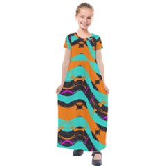 Blue Orange Black Waves                                       Kids  Short Sleeve Maxi Dress