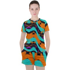 Blue Orange Black Waves                                         Women s Mesh Tee And Shorts Set