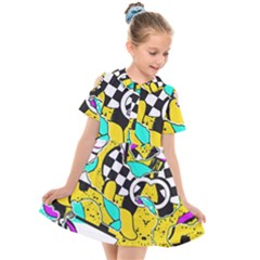 Shapes On A Yellow Background                                      Kids  Short Sleeve Shirt Dress