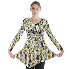 Bright Gold Black And White Waves Created By Flipstylez Designs Long Sleeve Tunic  by flipstylezfashionsLLC