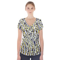 Bright Gold Black And White Waves Created By Flipstylez Designs Short Sleeve Front Detail Top