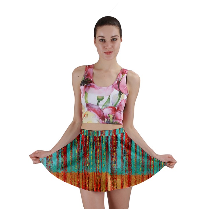 Stretched exotic blue green red and orange design created by flipstylez designs Mini Skirt