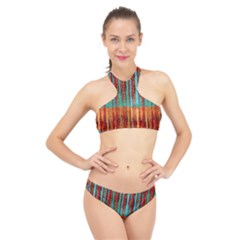 Stretched Exotic Blue Green Red And Orange Design Created By Flipstylez Designs High Neck Bikini Set