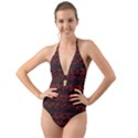 Burgundy design with black zig zag pattern created by FlipStylez Designs Halter Cut-Out One Piece Swimsuit View1