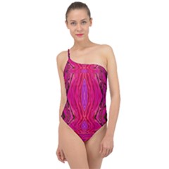 Pink And Purple And Peacock Created By Flipstylez Designs  Classic One Shoulder Swimsuit by flipstylezfashionsLLC