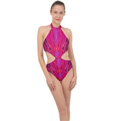 Pink And Purple And Peacock Created By Flipstylez Designs  Halter Side Cut Swimsuit by flipstylezfashionsLLC