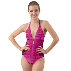 Pink And Purple And Peacock Design By Flipstylez Designs  Halter Cut-out One Piece Swimsuit by flipstylezfashionsLLC