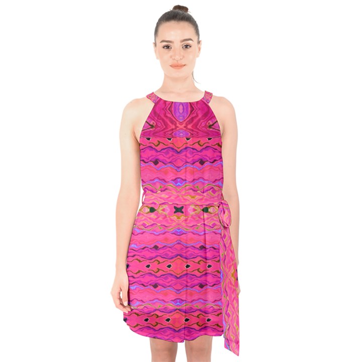 Pink and purple and beautiful peacock design created by FlipStylez Designs Halter Collar Waist Tie Chiffon Dress