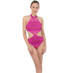 Pink And Purple And Peacock Created By Flipstylez Designs Halter Side Cut Swimsuit by flipstylezfashionsLLC