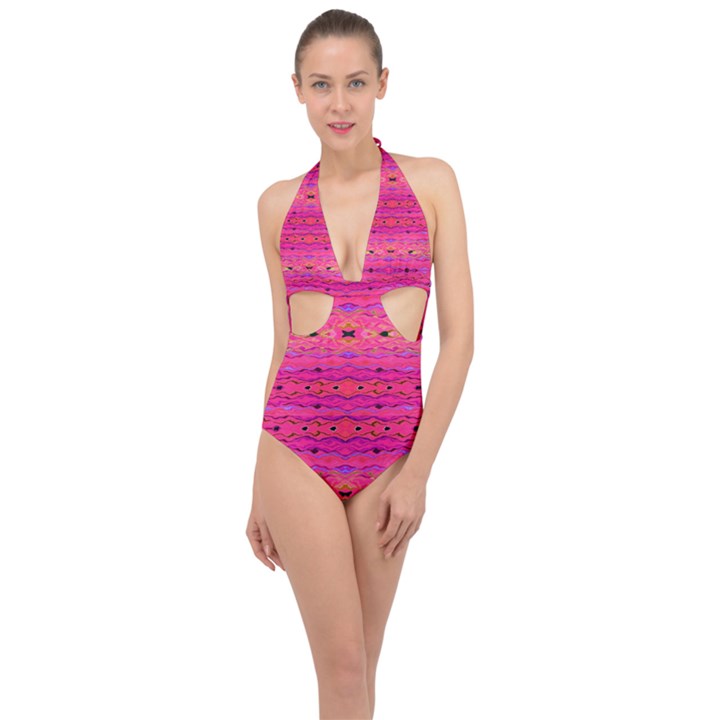 Pink and purple and peacock created by FlipStylez Designs Halter Front Plunge Swimsuit