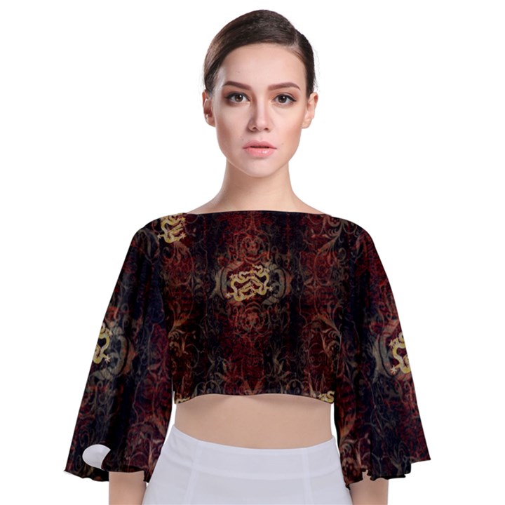 A golden dragon burgundy design created by FlipStylez Designs Tie Back Butterfly Sleeve Chiffon Top